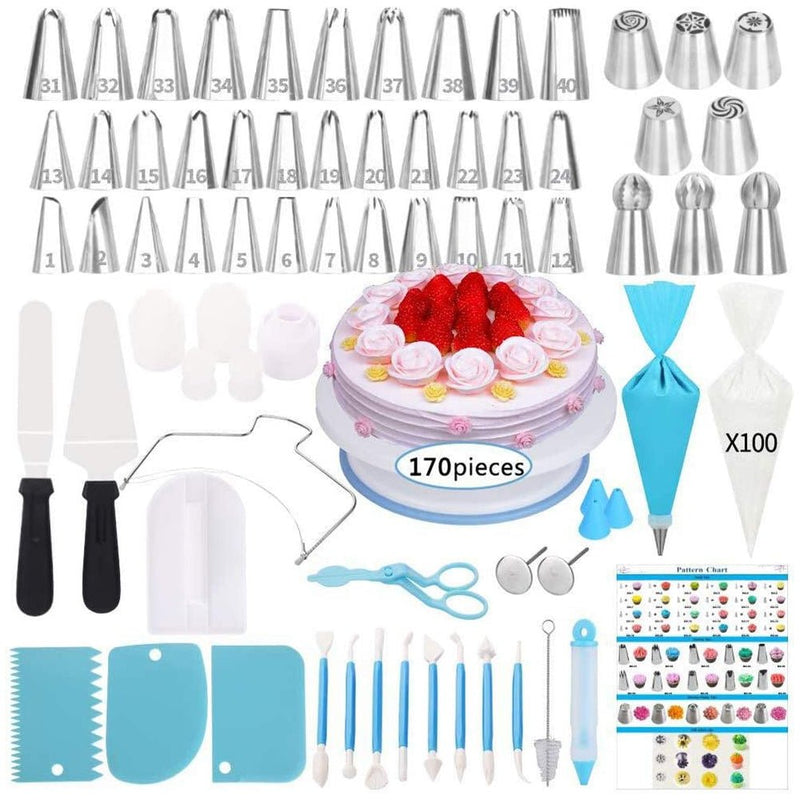 170Pcs Cake Decorating Kit Turntable and Flower Piping Nozzles - Homefaire