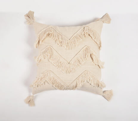 Handwoven Cotton Off-White Chevron Tasseled Cushion Cover e