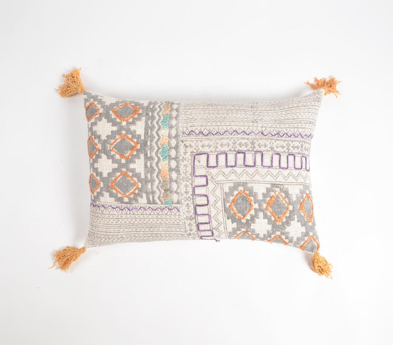 Block Printed & Embroidered Cotton Lumbar Tasseled Cushion Cover
