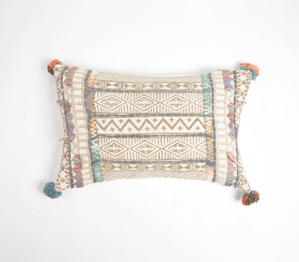 Block Printed & Embroidered Cotton Lumbar Cushion Cover with Pom-Poms