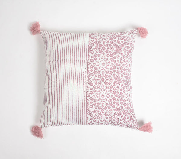 Floral & Striped Block Tasseled Cotton Cushion Cover