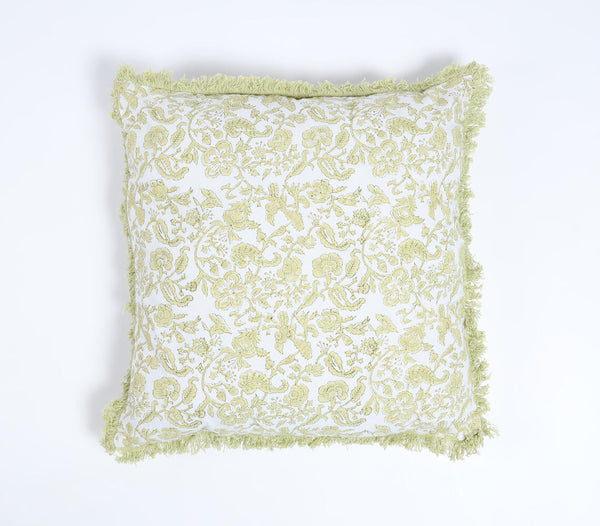 Hand Block Printed Cotton Floral Fringed Cushion Cover