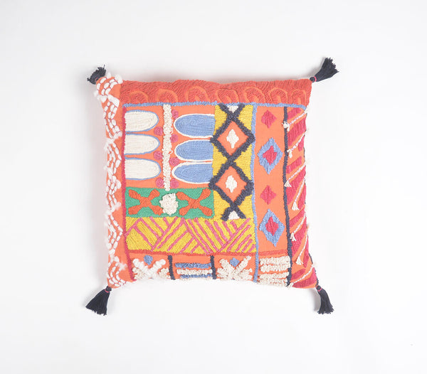 Abstract Embroidered & Tasseled Tangerine Cushion Cover