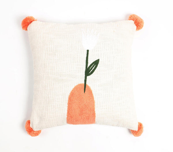 Embroidered Tropical Tulip Pom-Pom Cushion Cover