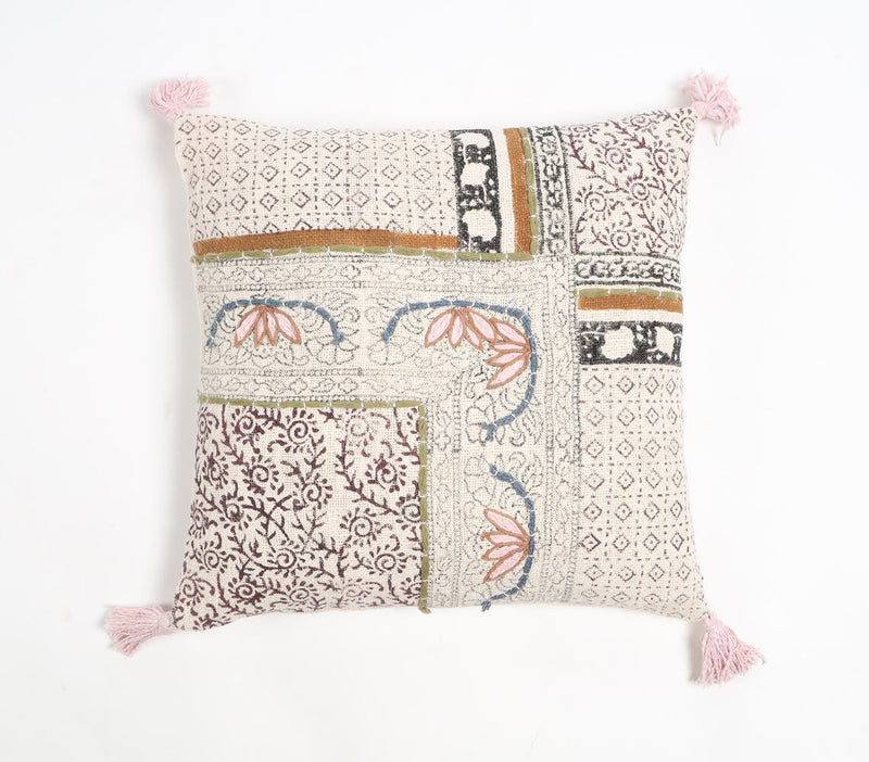 Block Printed Cotton Geometric-Floral Tasseled Cushion Cover