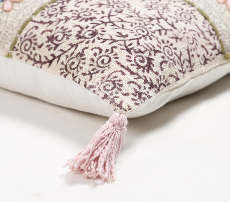 Block Printed Cotton Geometric-Floral Tasseled Cushion Cover