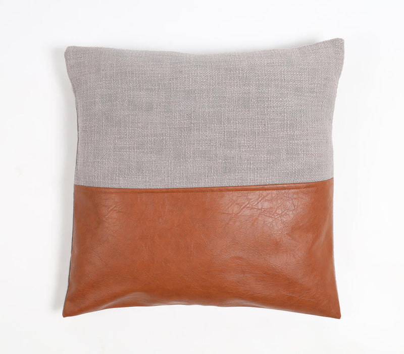 Hand Stitched Cotton & Leather Colorblock Cushion Cover