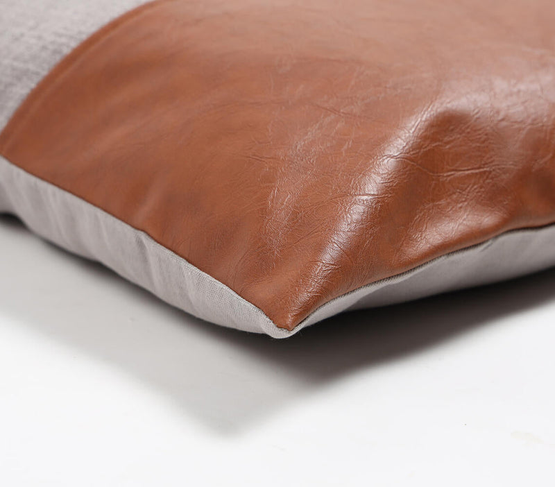 Hand Stitched Cotton & Leather Colorblock Cushion Cover