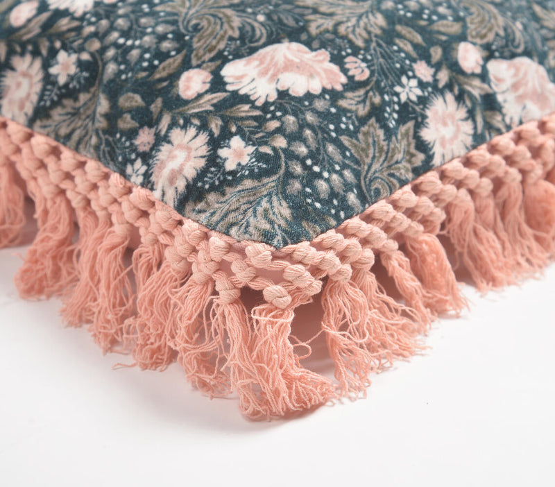 Midnight Magnolia Velvet Cushion Cover with Pastel Tassels