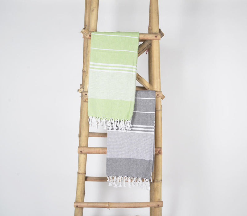Handwoven Cotton striped Green & Ash Bath Towels (Set Of 2)