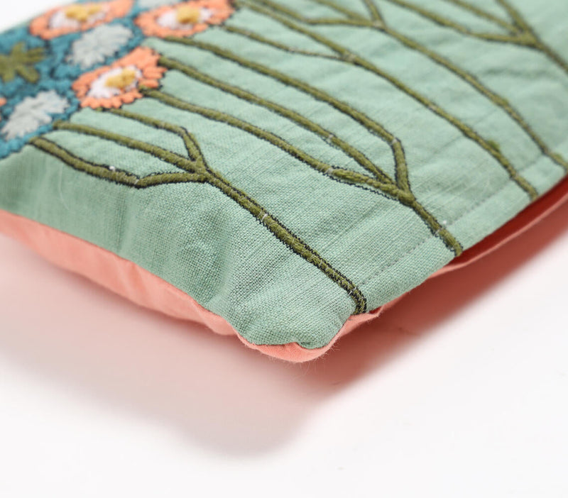 Floral embroidered Slub Turquoise Lumbar Cover