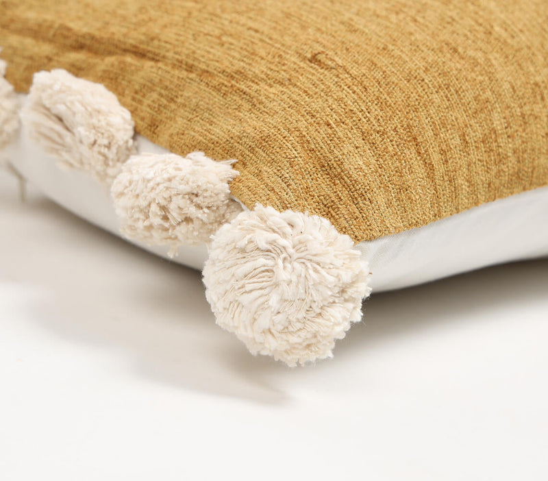 Hand Tufted Chenille Lumbar Cushion Cover with Pom-Poms