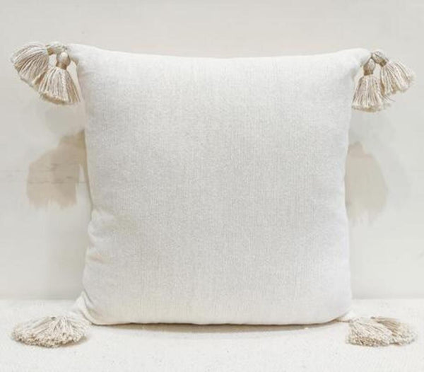 Handwoven Chenille White Cushion Cover with Tassels