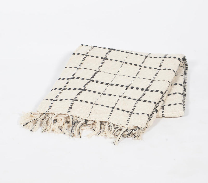Handwoven Cotton Neutral Checkered Throw with Tassels