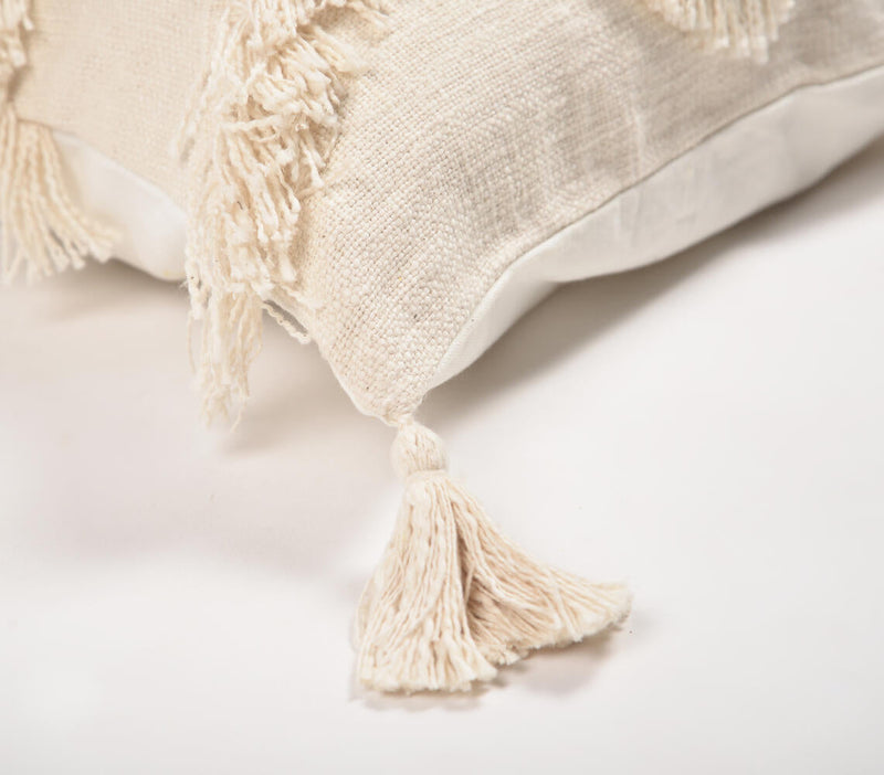 Handwoven Cotton Off-White Chevron Tasseled Cushion Cover