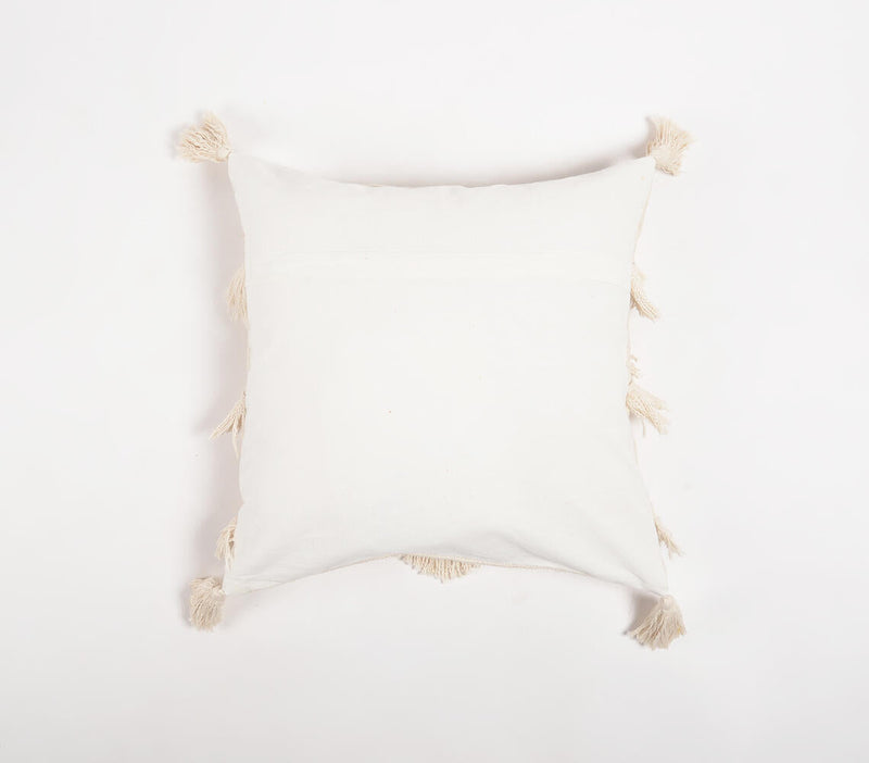Handwoven Cotton Off-White Chevron Tasseled Cushion Cover
