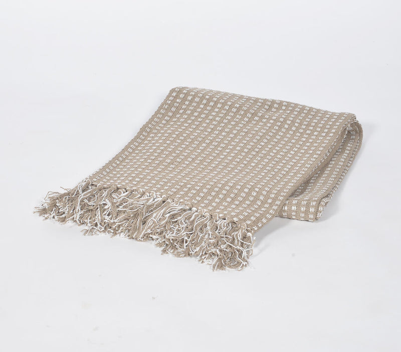 Handwoven Cotton Taupe Waffle Tasseled Throw