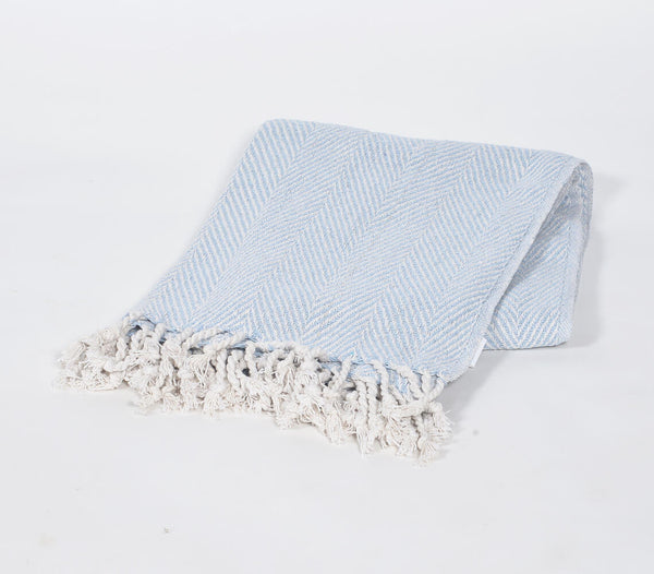 Yarn-Dyed Cotton Powder Blue Chevron Tasseled Throw