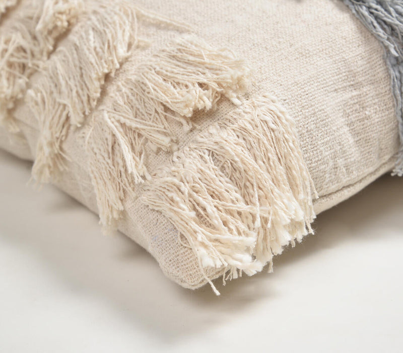 Fringed Neutral Handloom Cotton Cushion Cover