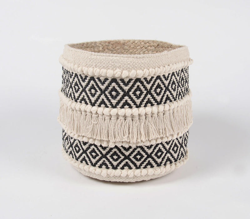 Monotone Diamond Handwoven Cotton & Braided Jute Basket