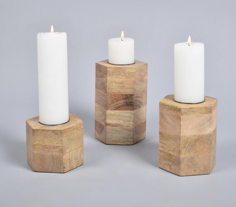 Natural Mango Wood Pillar Candle Holders (Set of 3)