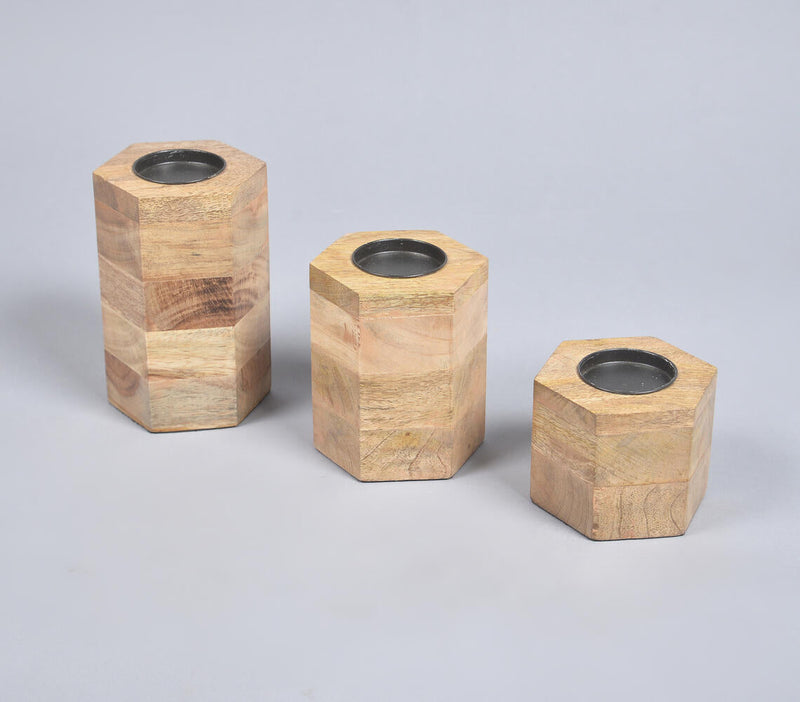 Natural Mango Wood Pillar Candle Holders (Set of 3)