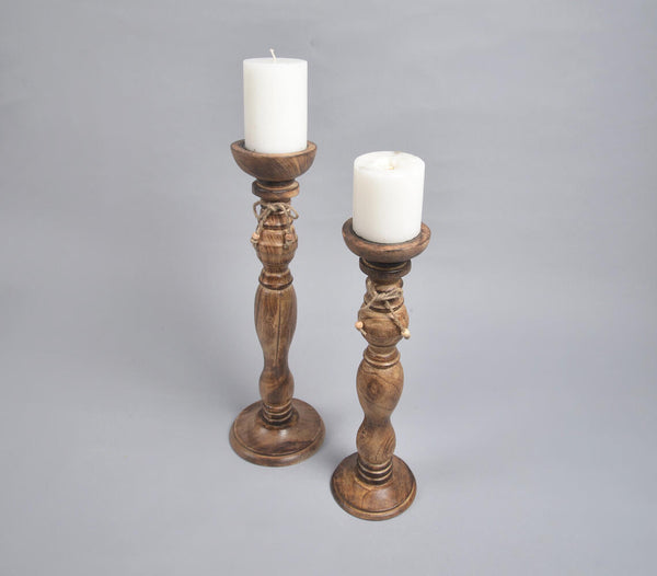 Dark Burnt Wooden Candle Holders (Set of 2)