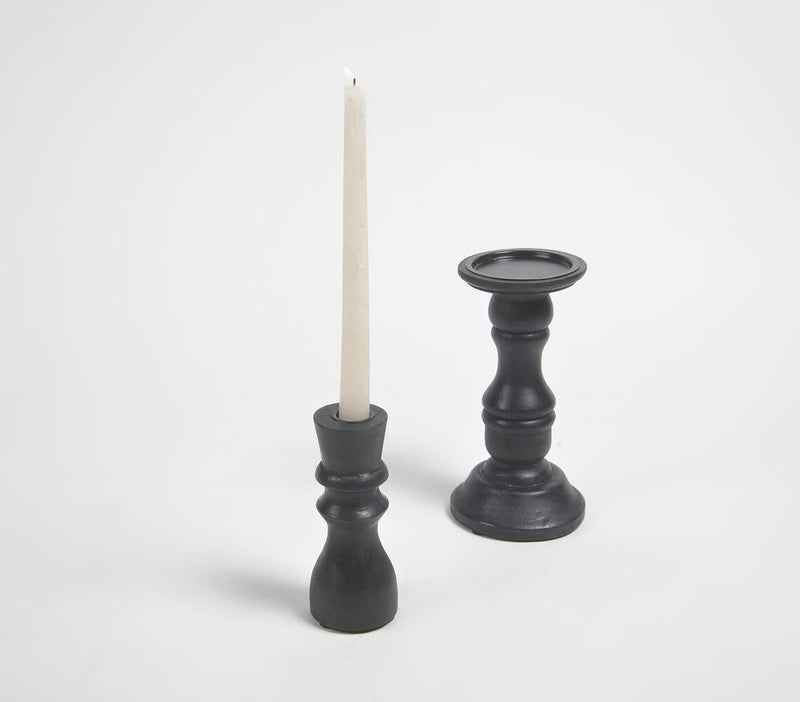 Turned Classic Black Wooden Candle Holder