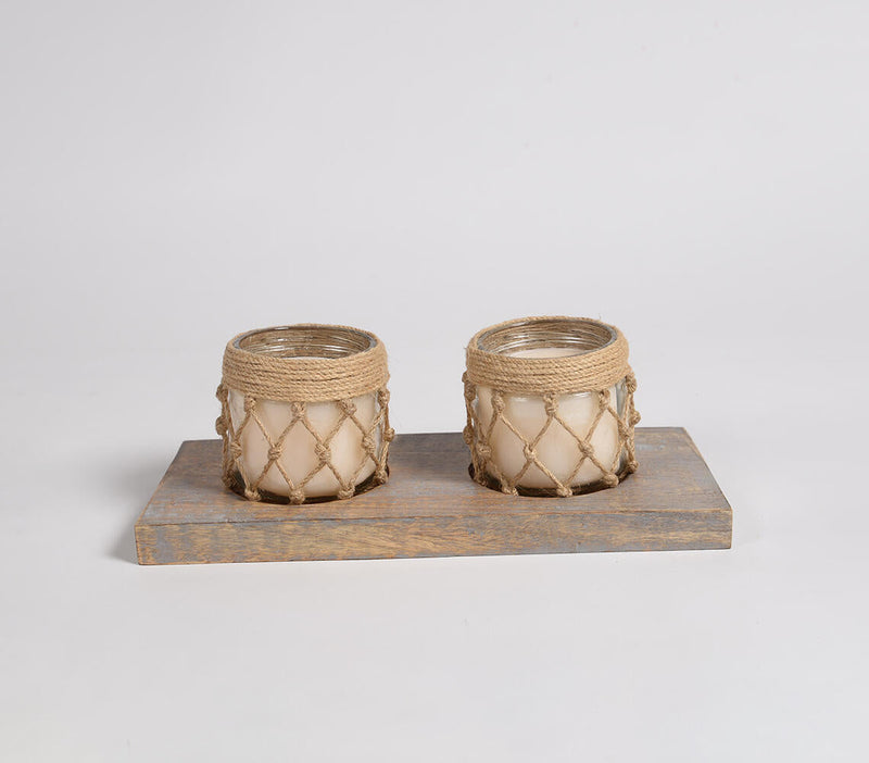 Vanilla Scented Jar Candles With Jute Coil & Wooden Base (Set of 2)