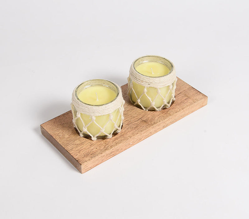 Lemongrass Scented Jar Candles With Jute Coil & Wooden Base (Set of 2)