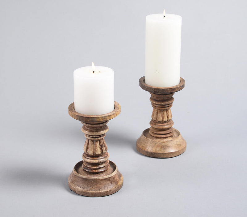 Carved Mango Wood Candle Stands (set of 2)_1