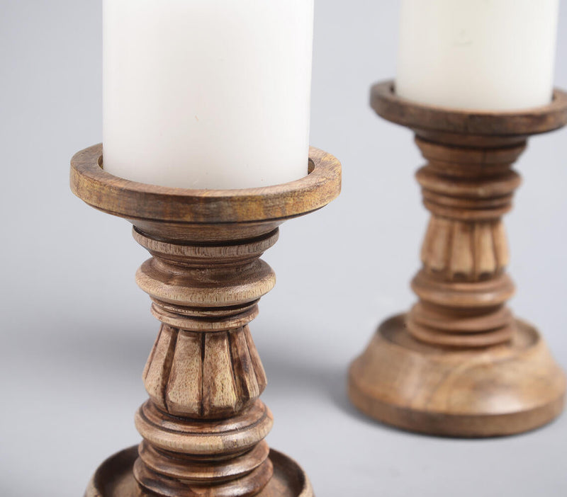 Carved Mango Wood Candle Stands (set of 2)_1