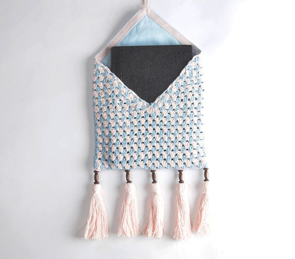 Crochet Sky Blue Wall Pocket with Tassels