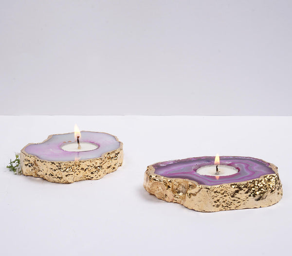 Purple Agate Gemstone Tea Light Holders (Set of 2)