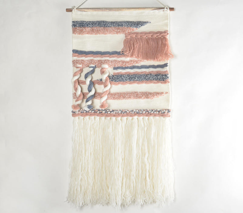Handwoven Dusty Pink & Cadet Blue Fringed Wall Hanging