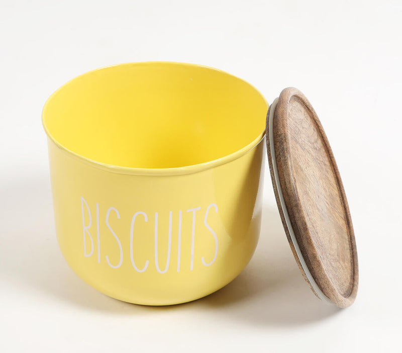Matte-Yellow Typographic Metal Canister with Wooden Lid