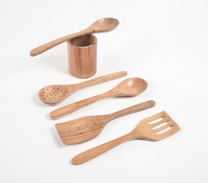 Set of 5 Acacia Wood Cooking Spoons with Jar