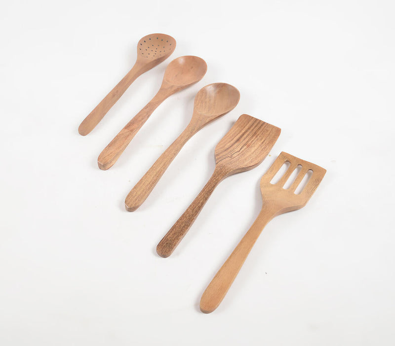 Set of 5 Acacia Wood Cooking Spoons with Jar