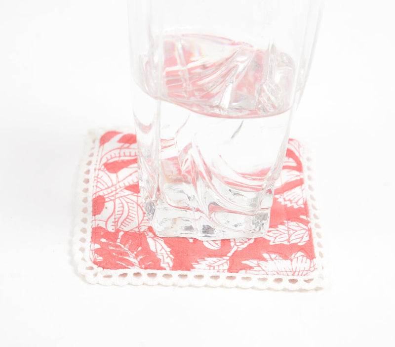 Block Printed Fiery Floral Cotton Coasters with Lace trims (set of 6)