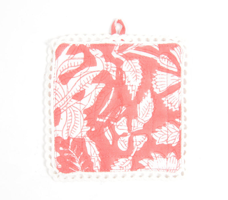 Block Printed Fiery Floral Cotton Coasters with Lace trims (set of 6)