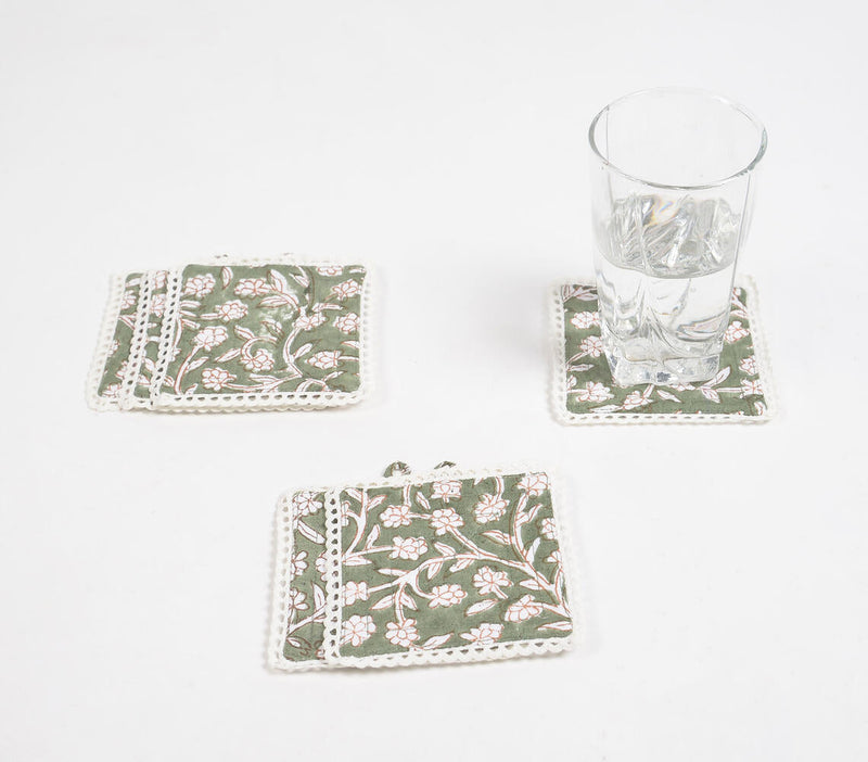 Block Printed Olive Floral Cotton Coasters with Lace trims (set of 6)