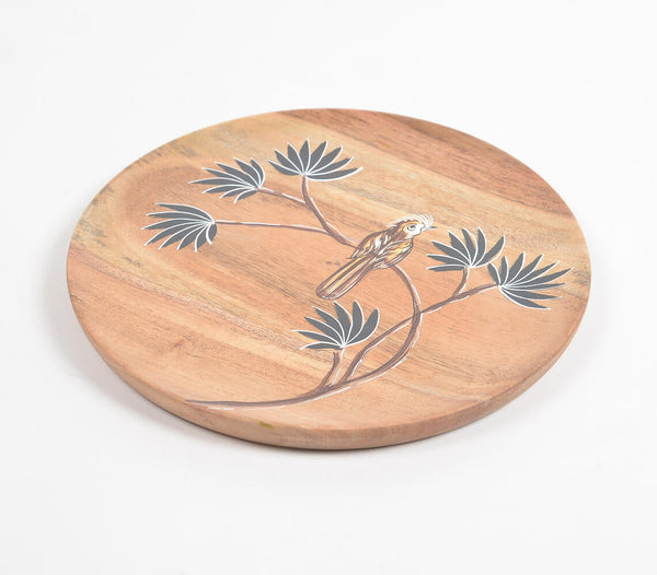 Enamelled Acacia Wood 'Bird on a Branch' Plate (Large)