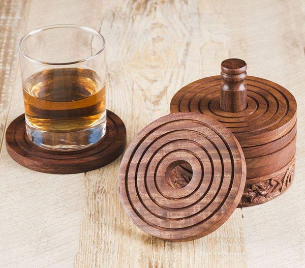 Hand Carved Wooden Round Coasters (Set of 6)