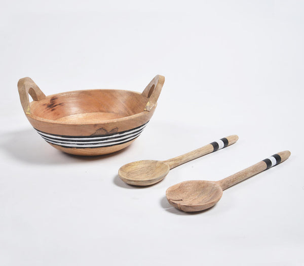 Turned & Striped Mango Wood Salad Bowl With Spoons