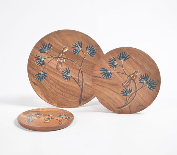 Hand Painted Acacia Wood Bird Trays (Set of 3)
