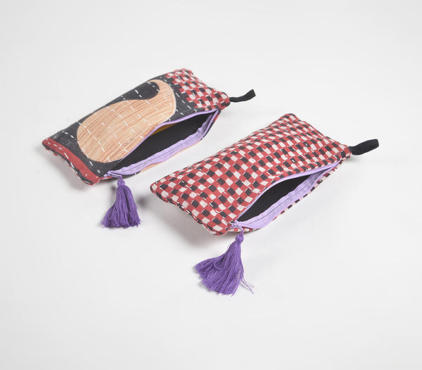 Hand Stitched Upcycled Fabric Pouch with Purple Tassel