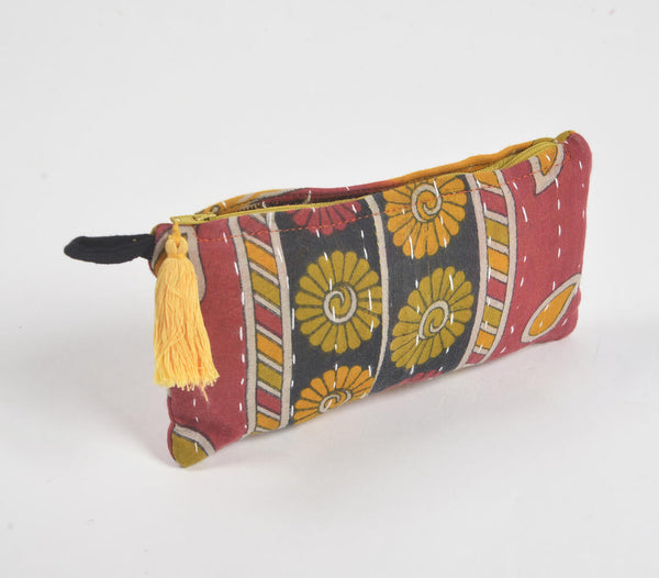 Hand Stitched Upcycled Fabric Pouch with Yellow Tassel