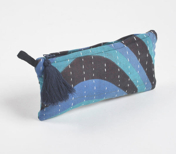 Hand Stitched Upcycled Fabric Blue Pouch