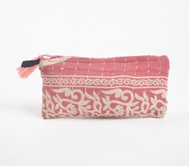 Hand Stitched Upcycled Fabric Pink Pouch