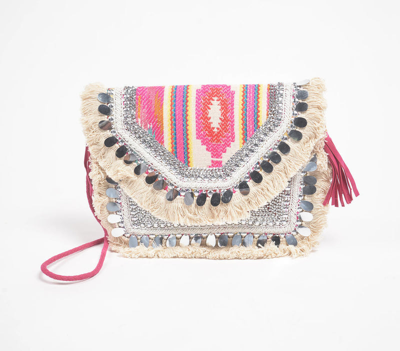 Sequin Embellished Fringed & Tasseled Sling Bag